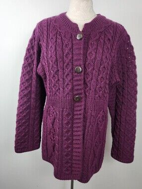 Carraig-Don Made In Ireland Merino Wool Cardigan Fair Isle Size Small Cable Knit